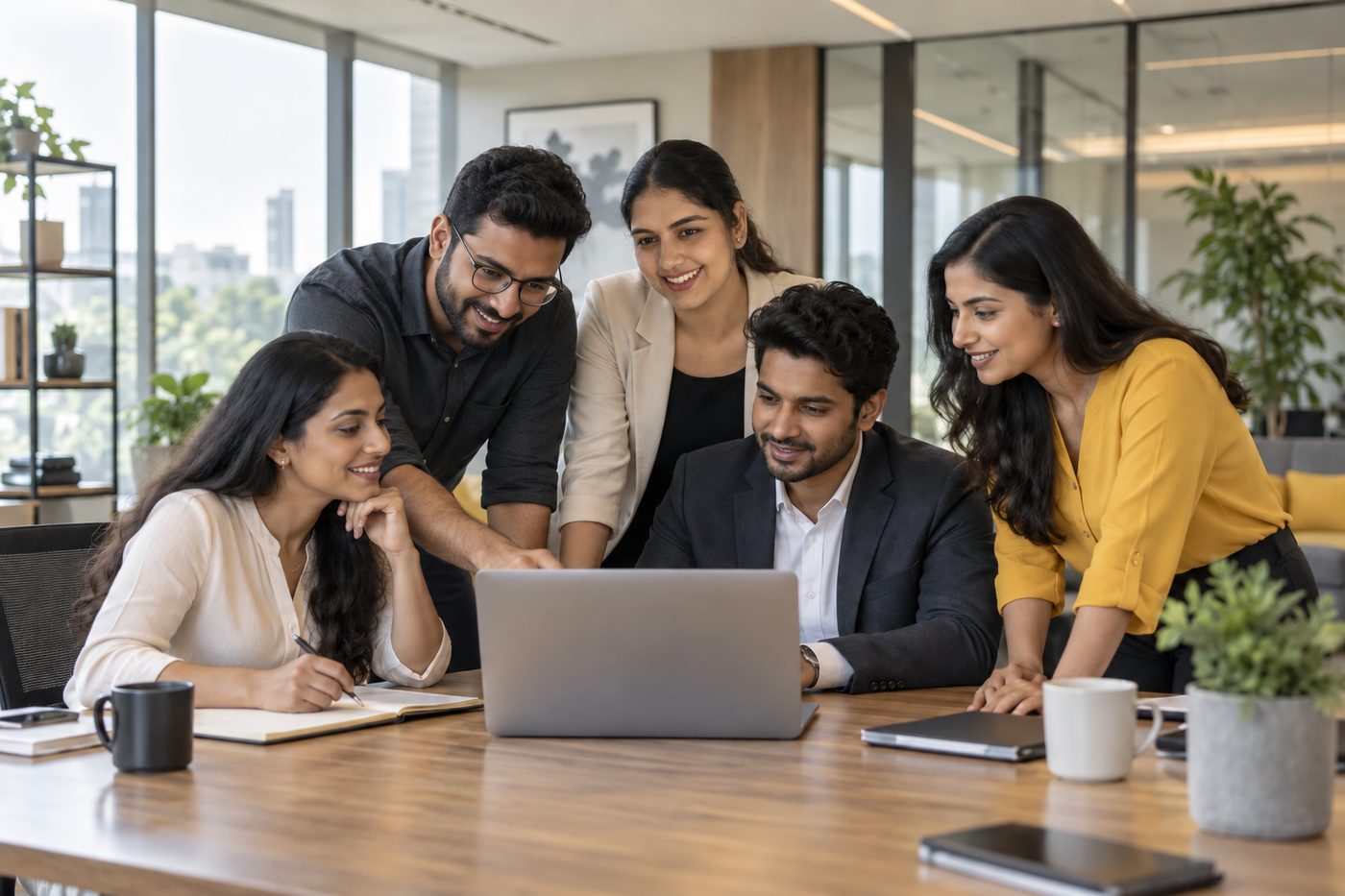The Orita delivery team working together around a laptop